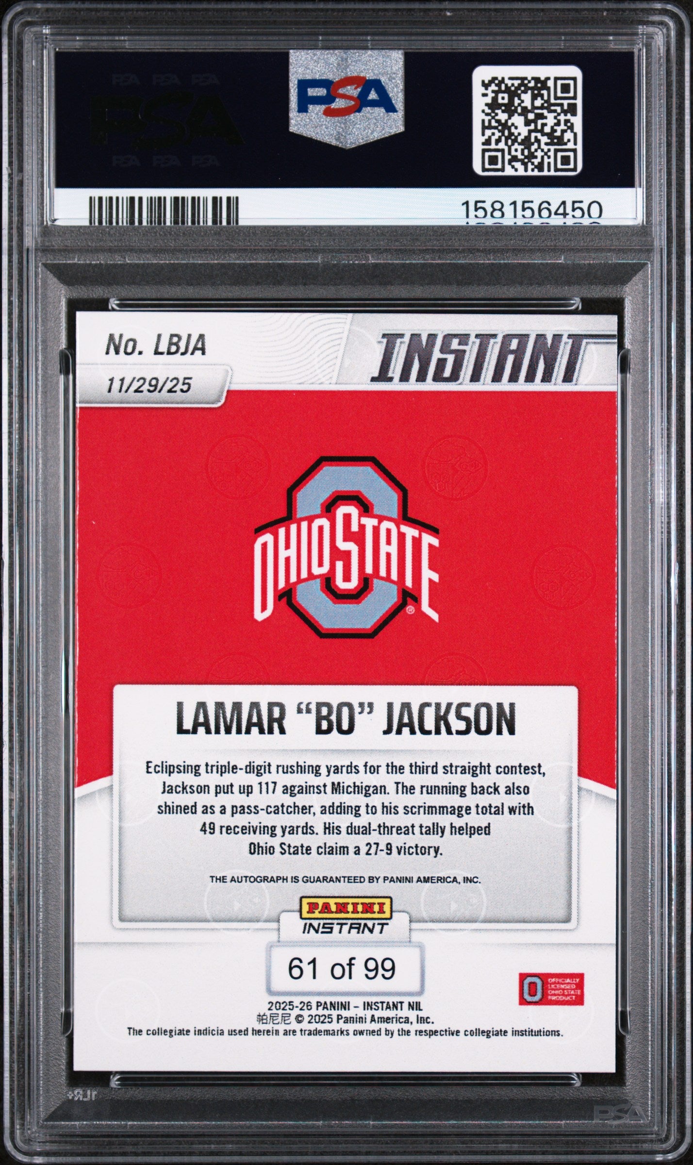 Lamar Bo Jackson RC 2025 Panini Instant NIL Rookie Auto SP 61/99 PSA 10-2