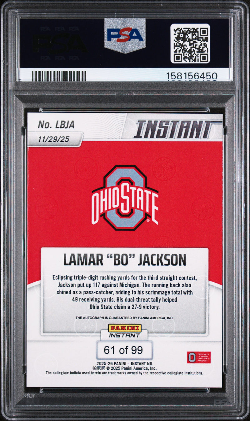 Lamar Bo Jackson RC 2025 Panini Instant NIL Rookie Auto SP 61/99 PSA 10-2