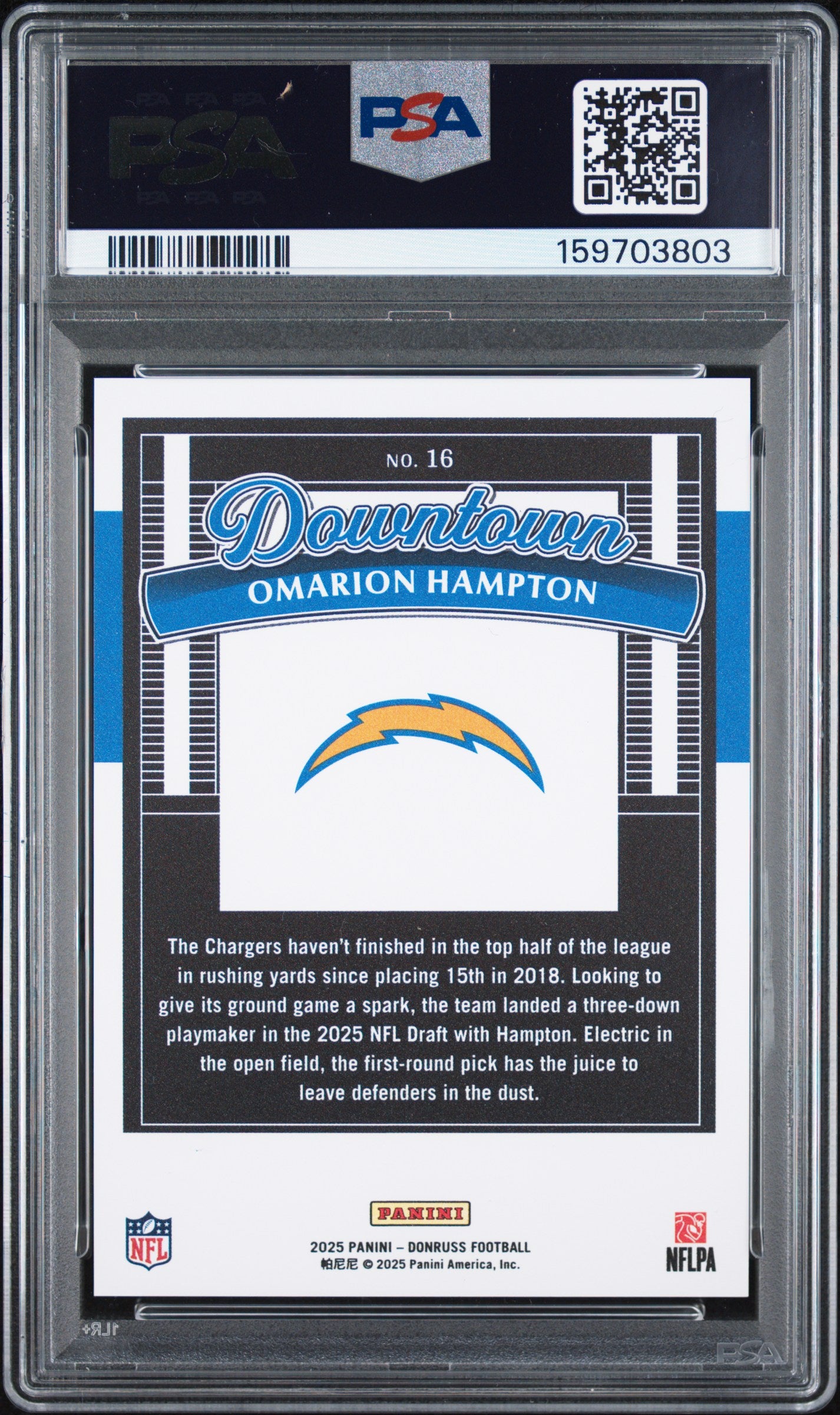 Omarion Hampton RC 2025 Donruss Downtown! Rookie SSP #16 PSA 9-2