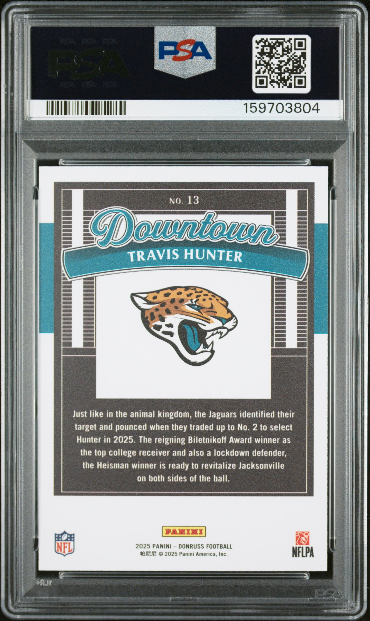 Travis Hunter RC 2025 Donruss Downtown! Rookie SSP #13 PSA 9-2