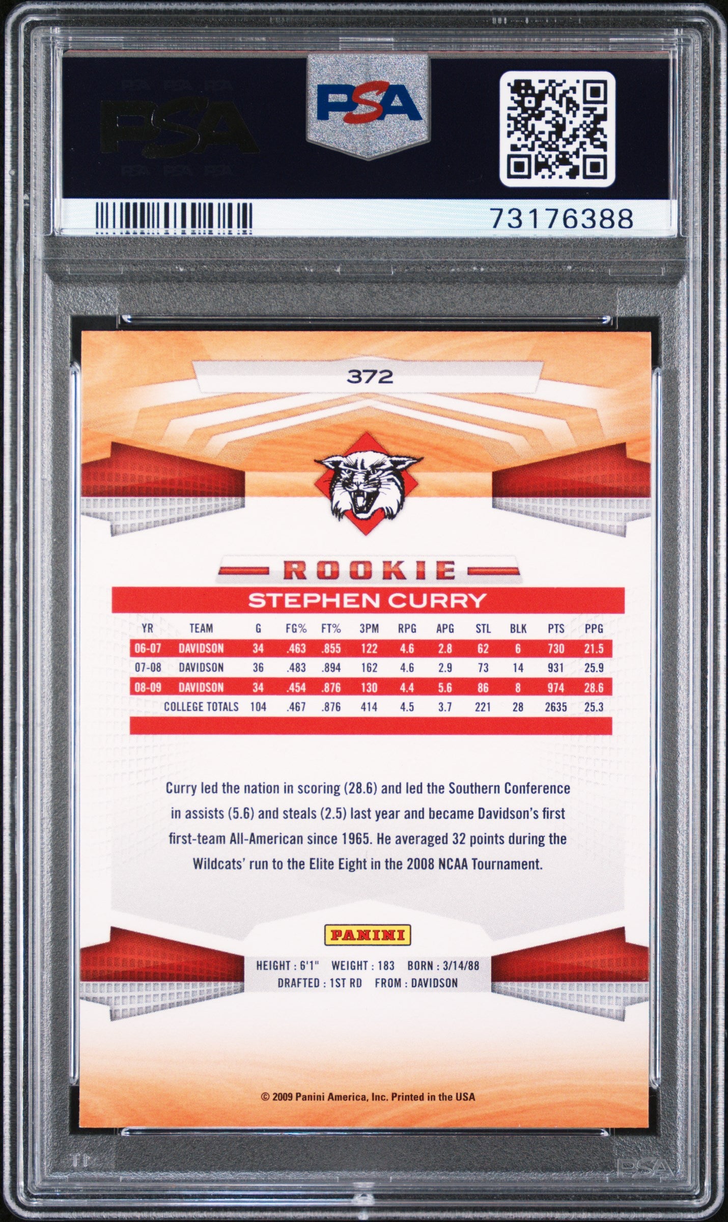 Stephen Curry RC 2009-10 Panini Rookie #372 PSA 10-2