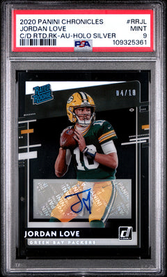 Jordan Love RC 2020 Panini Chronicles Clearly Donruss Holo Silver Rated Rookie Auto SP 4/10 PSA 9-1