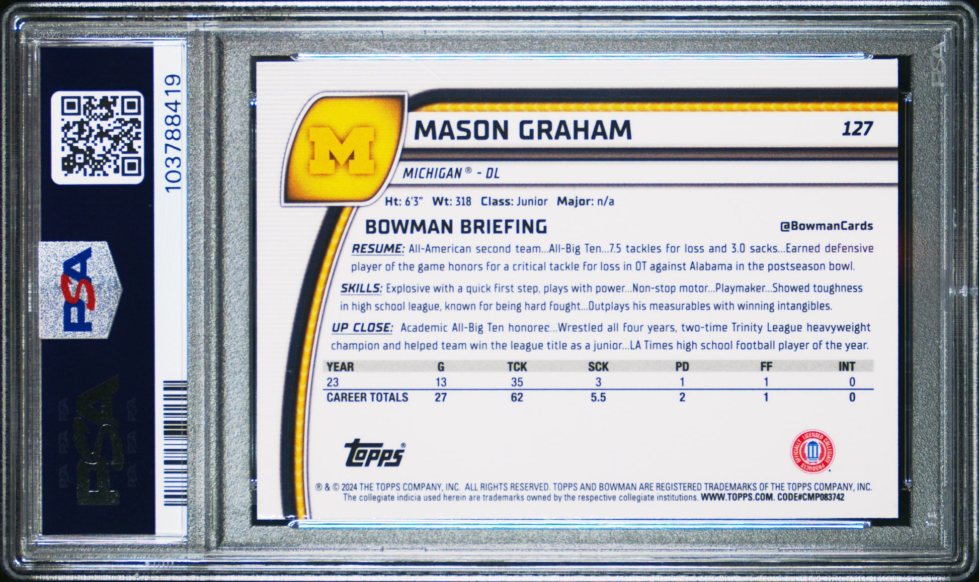 Mason Graham RC 2024 Bowman U Chrome Sapphire Rookie #127 PSA 10-2
