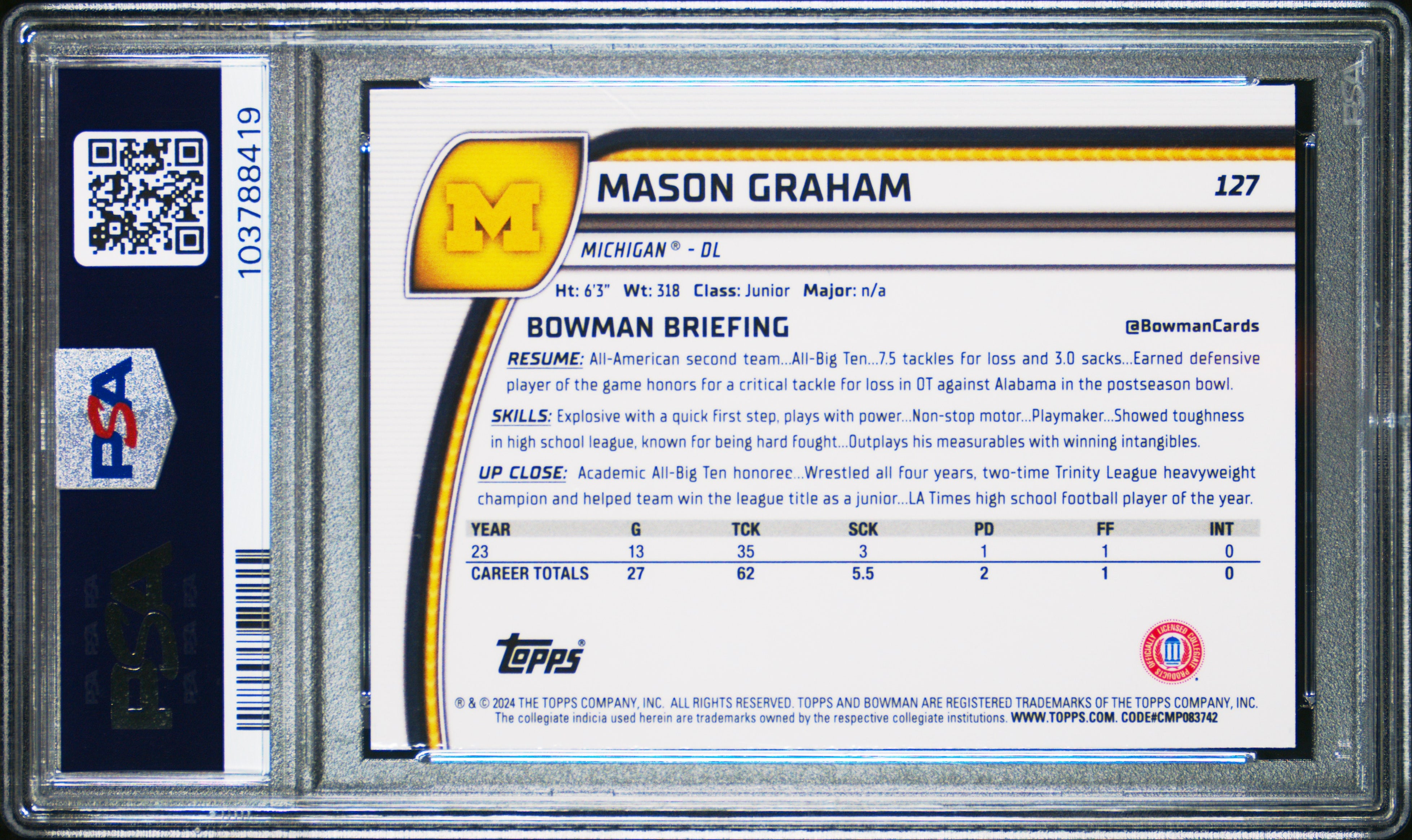 Mason Graham RC 2024 Bowman U Chrome Sapphire Rookie #127 PSA 10-2