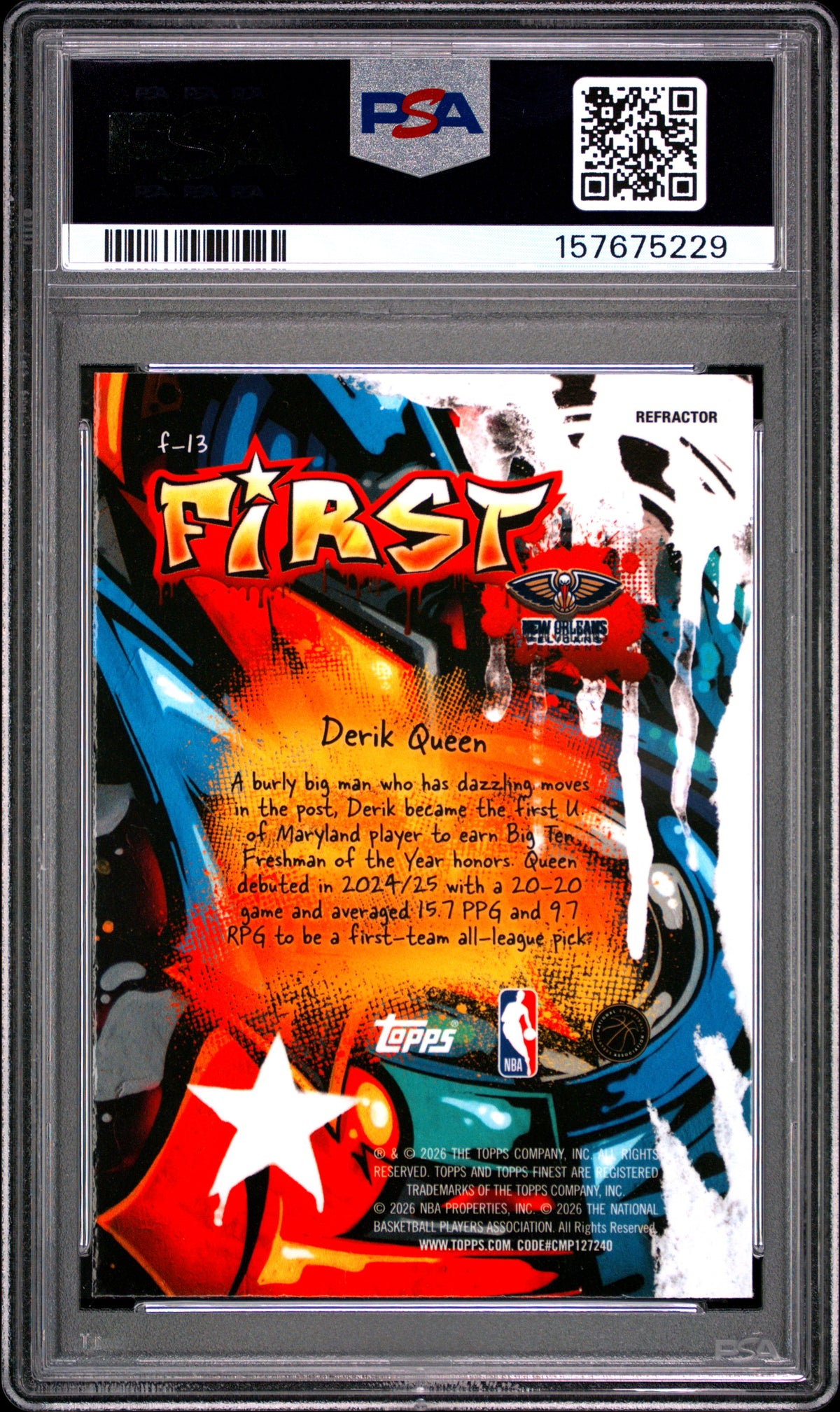 Derik Queen RC 2025-26 Topps Finest Refractor First Rookie PSA 10-2