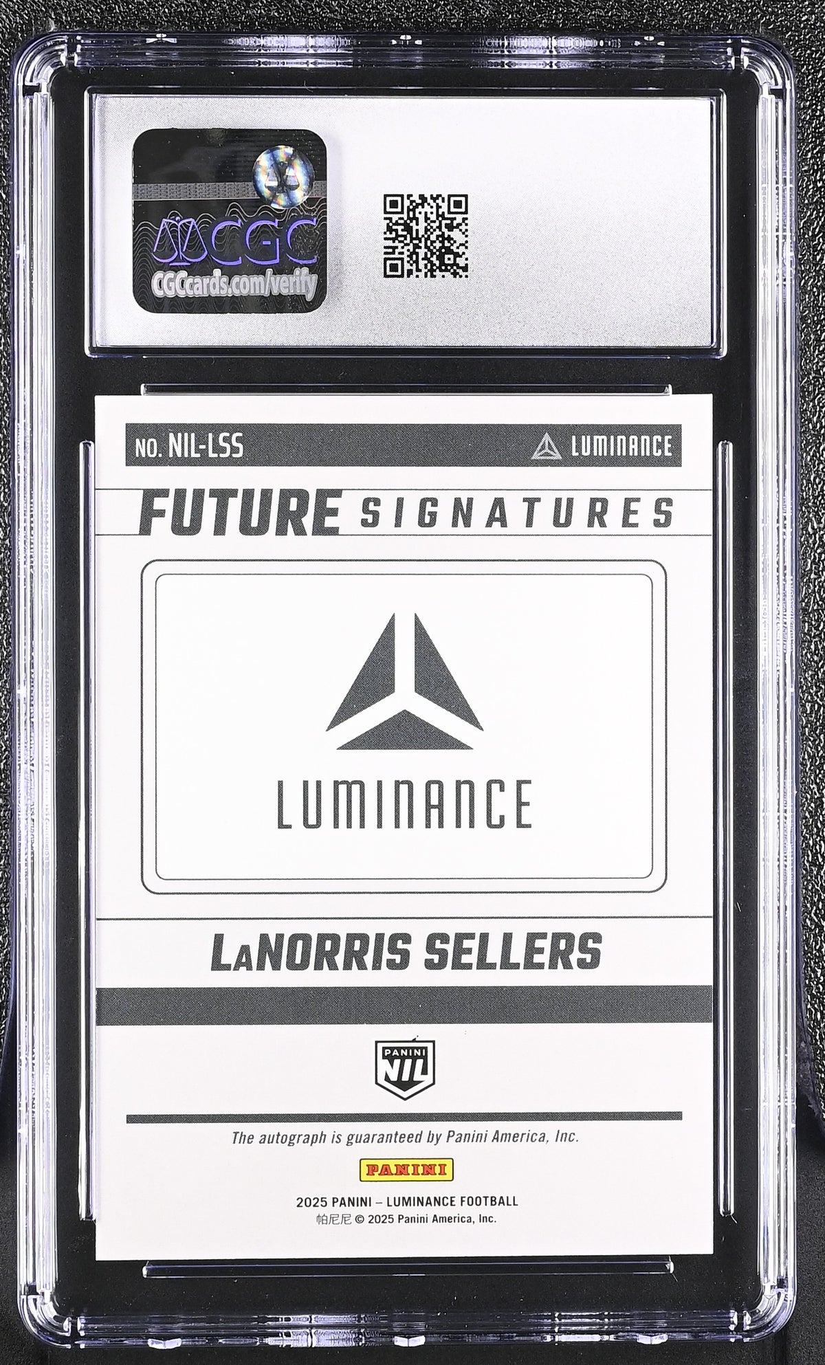 Lanorris Sellers RC 2025 Panini Luminance NIL Future Rookie Auto CGC 10-2