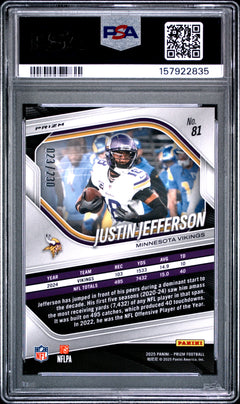 Justin Jefferson 2025 Panini Prizm Blue Wave SP 23/230 PSA 10-2