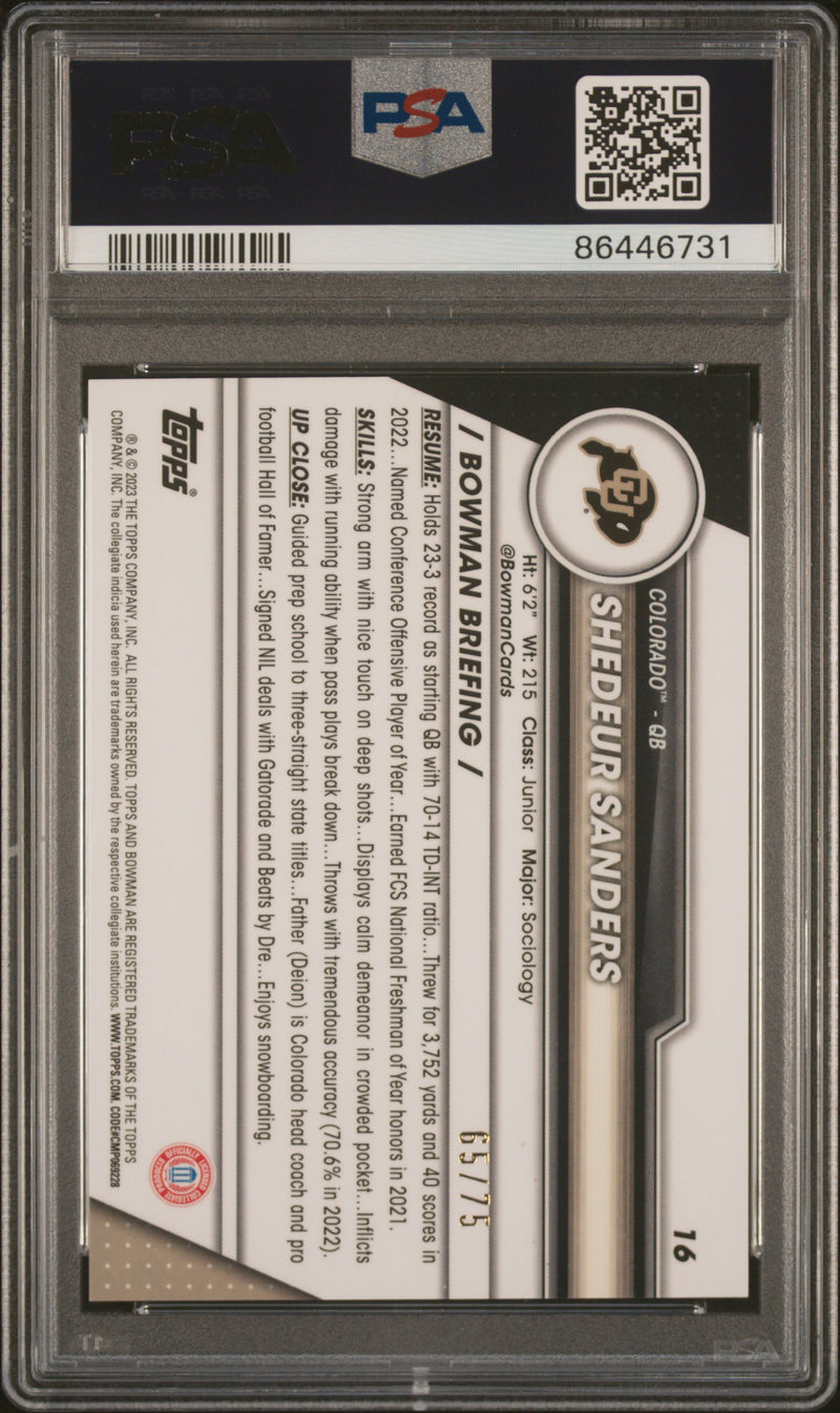2023 Bowman University Chrome Sapphire #16 Shedeur Sanders Yellow 65/75 PSA 10-2