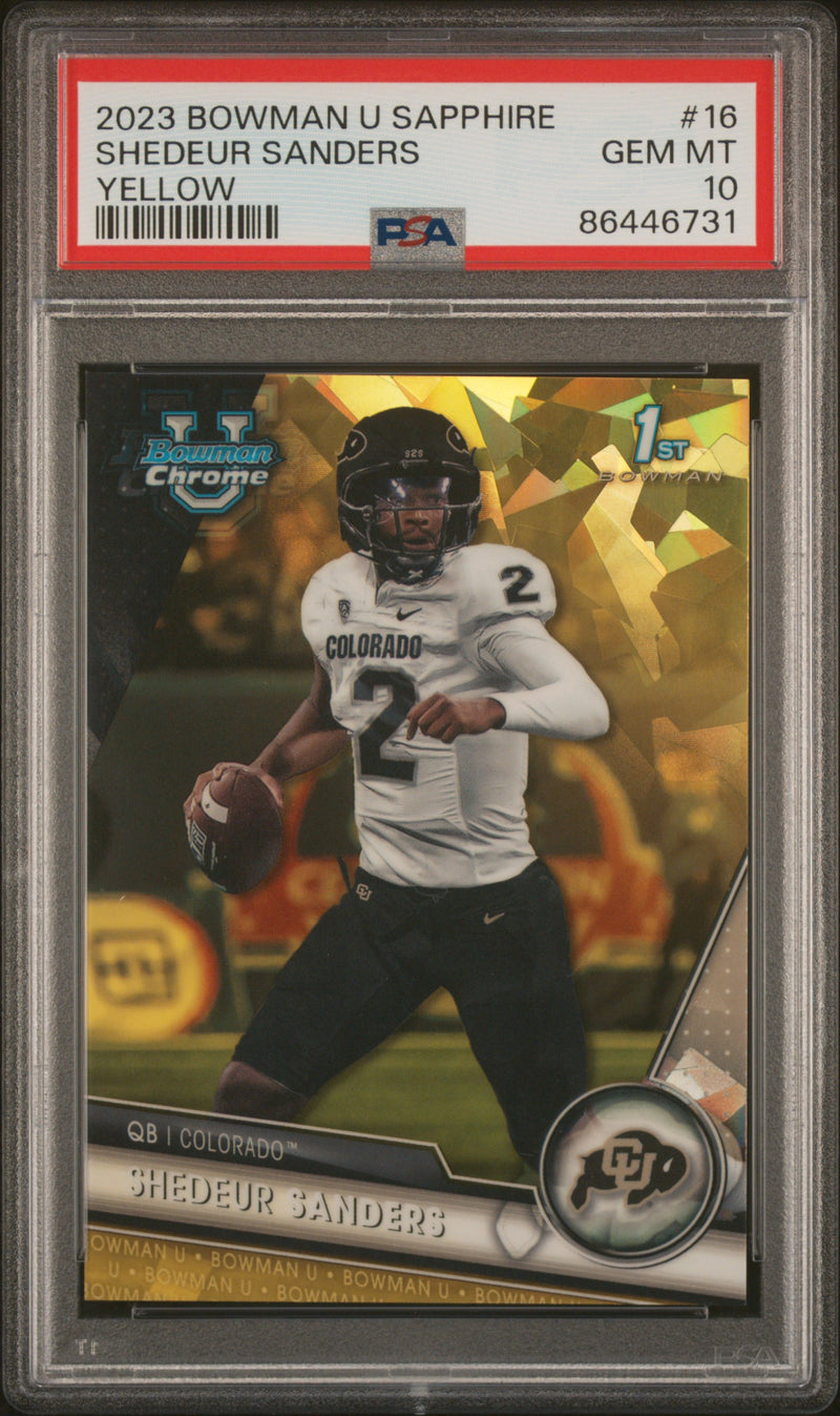 2023 Bowman University Chrome Sapphire #16 Shedeur Sanders Yellow 65/75 PSA 10-1