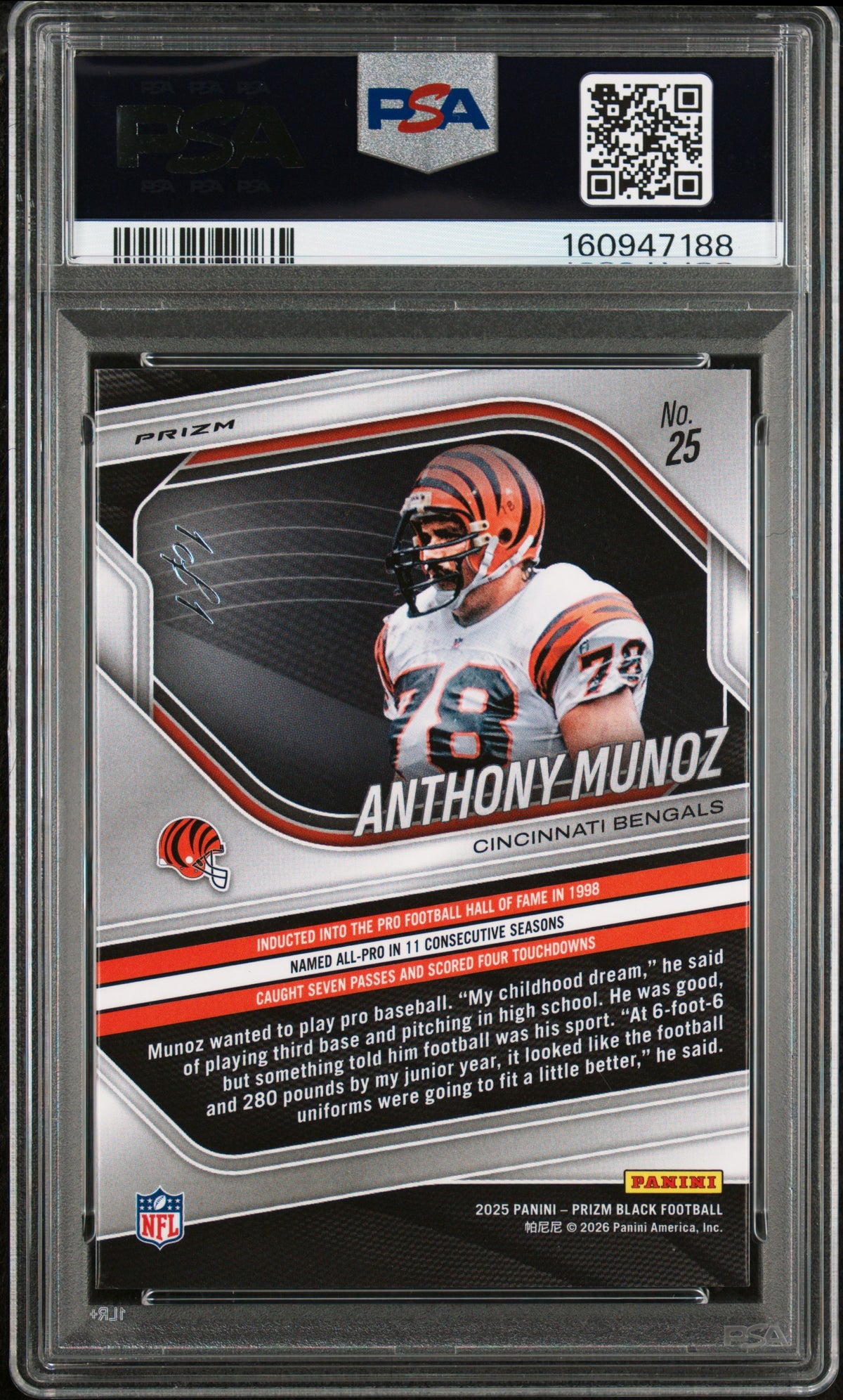 2025 Panini Prizm Black #25 Anthony Munoz Nebula Fotl 1/1 PSA 9-2