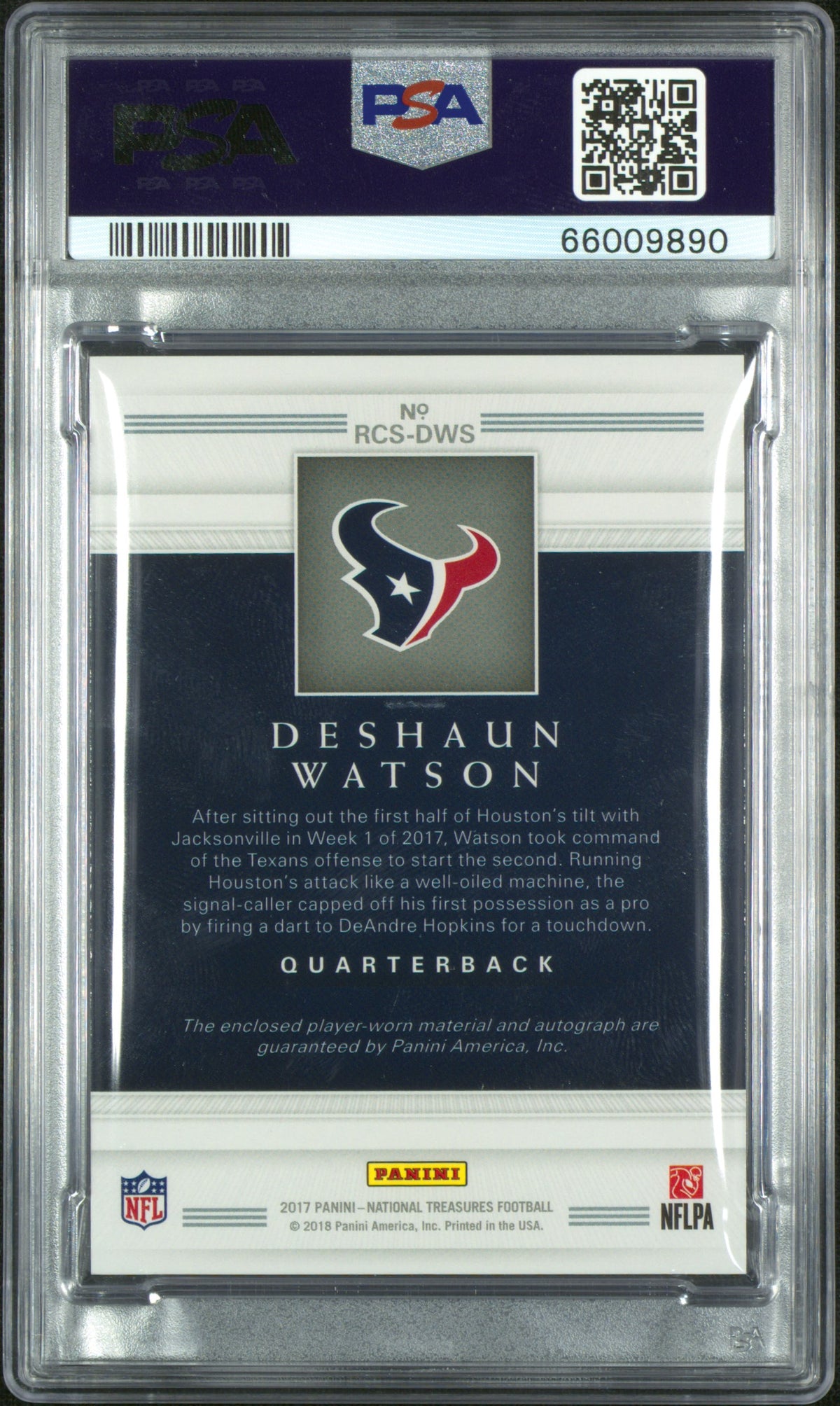 2017 Panini National Treasures Rookie Colossal Signatures #DWS Deshaun Watson Rke.Colossal Sig. 37/99 PSA 9-2