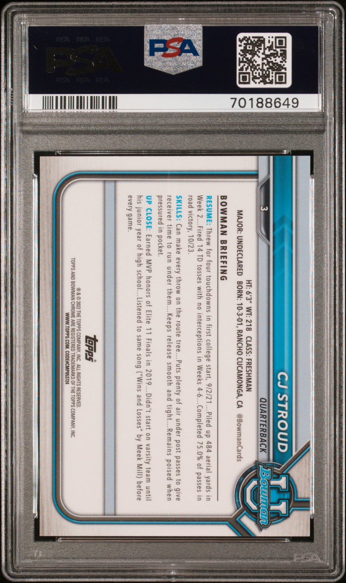 2021 Bowman University Chrome Prospects #3 Cj Stroud Chrome Prospects-Sp PSA 9-2
