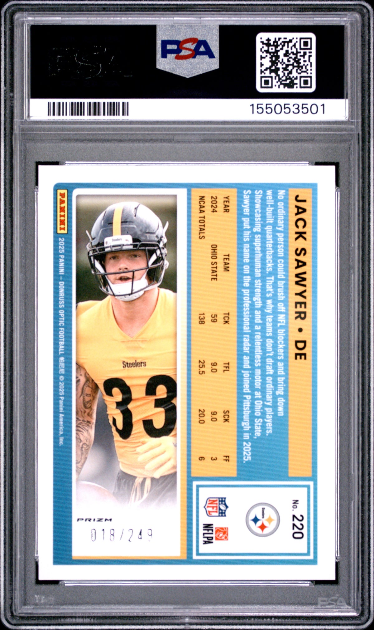 2025 Panini Donruss Optic #220 Jack Sawyer Blue 18/249 PSA 9-2
