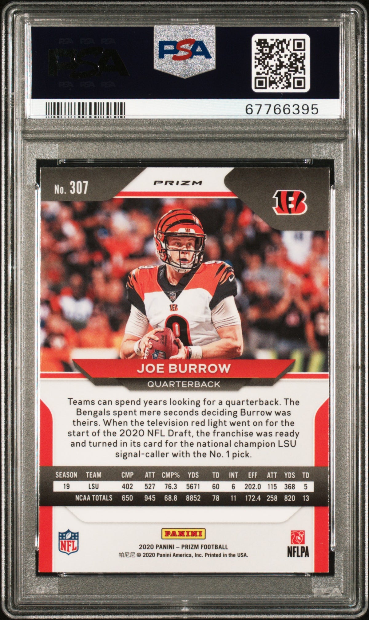 2020 Panini Prizm #307 Joe Burrow Red/White/Blue Prizm PSA 9-2