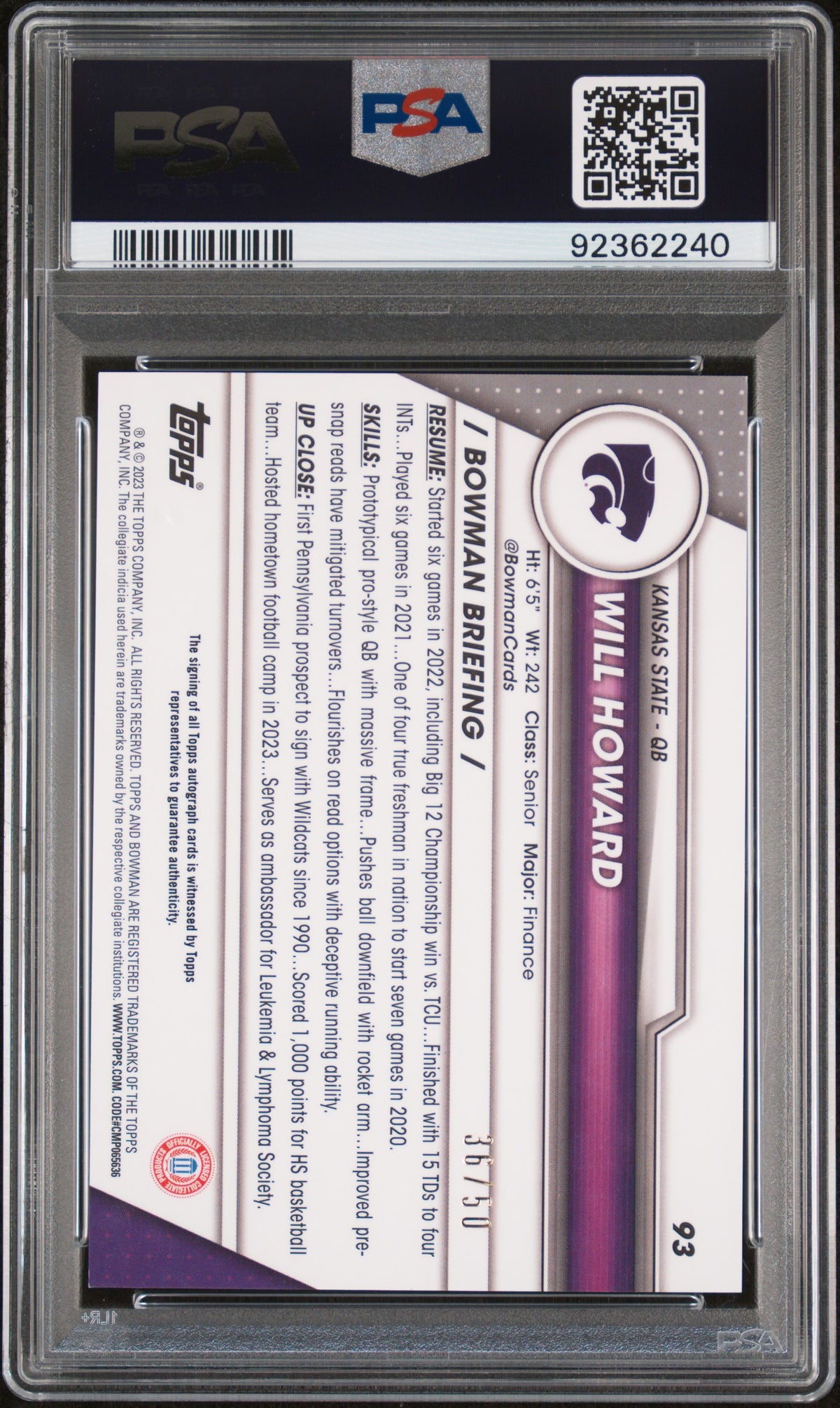 2023 Bowman University Chrome #93 Will Howard Autograph-Gold Refractor 36/50 PSA 10-2