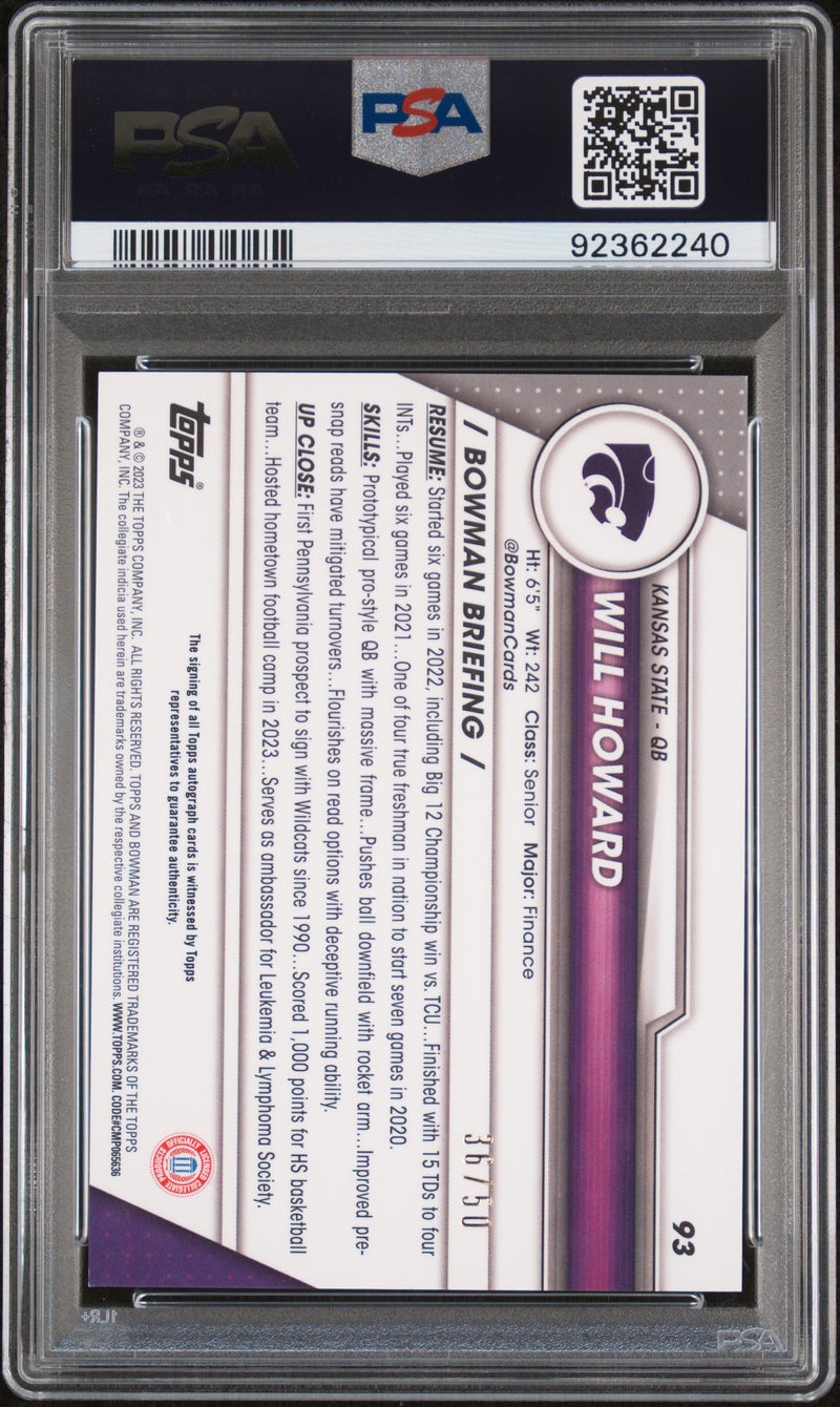2023 Bowman University Chrome #93 Will Howard Autograph-Gold Refractor 36/50 PSA 10-2