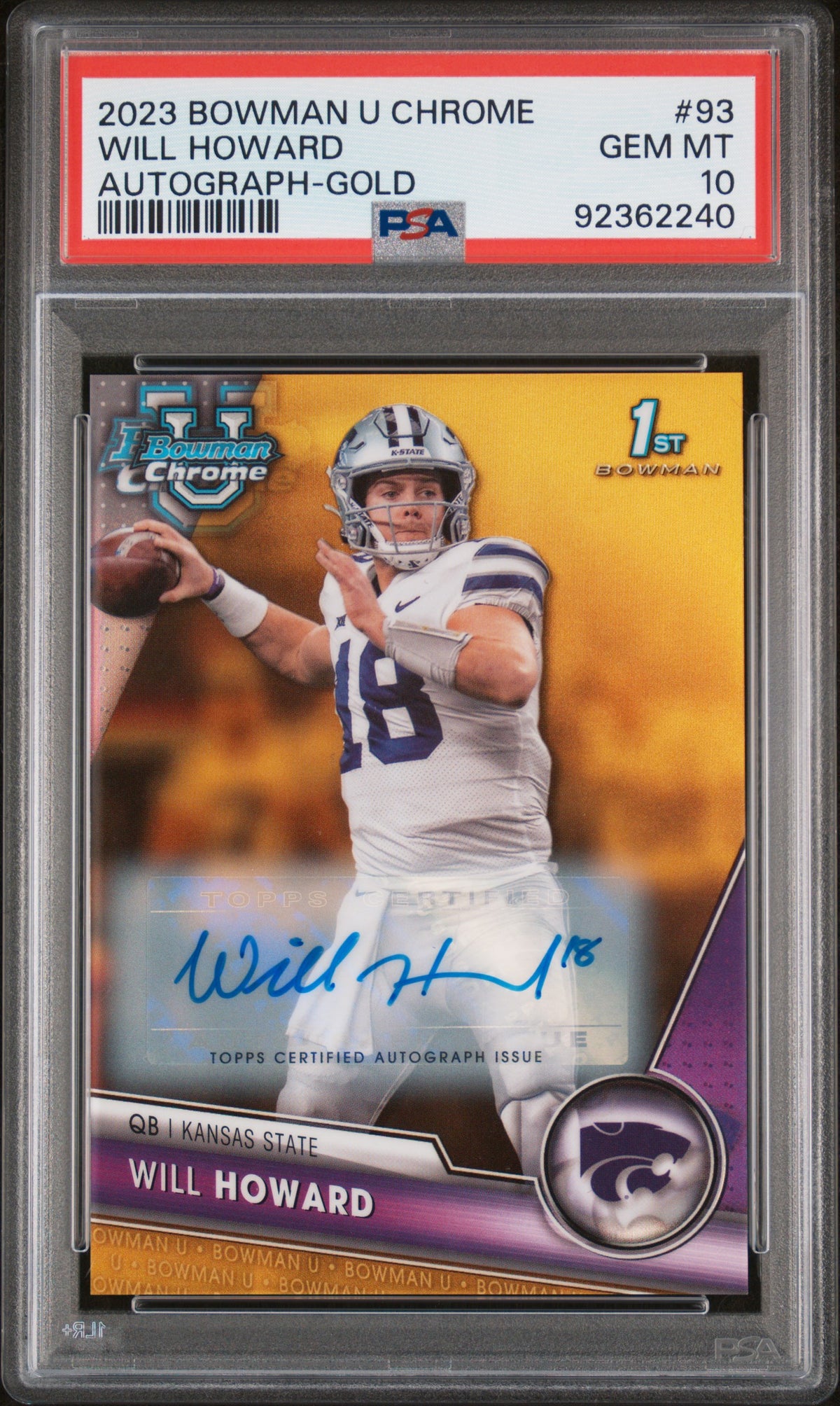 2023 Bowman University Chrome #93 Will Howard Autograph-Gold Refractor 36/50 PSA 10-1