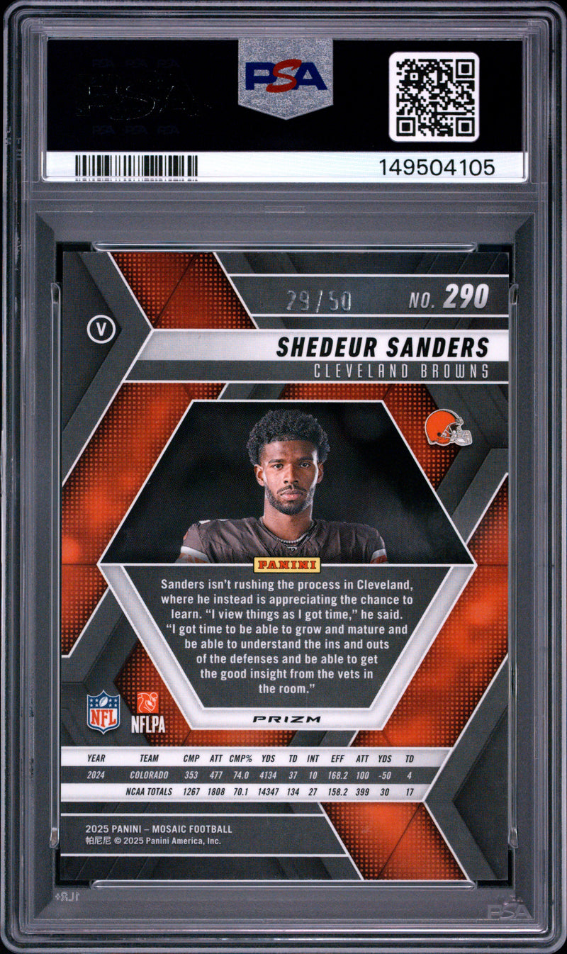 2025 Panini Mosaic #290 Shedeur Sanders Purple No Huddle 29/50 PSA 10-2
