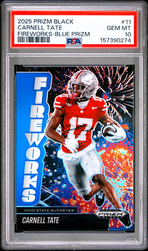 2025 Panini Prizm Black Fireworks #11 Carnell Tate Fireworks-Blue Prizm 97/199 PSA 10