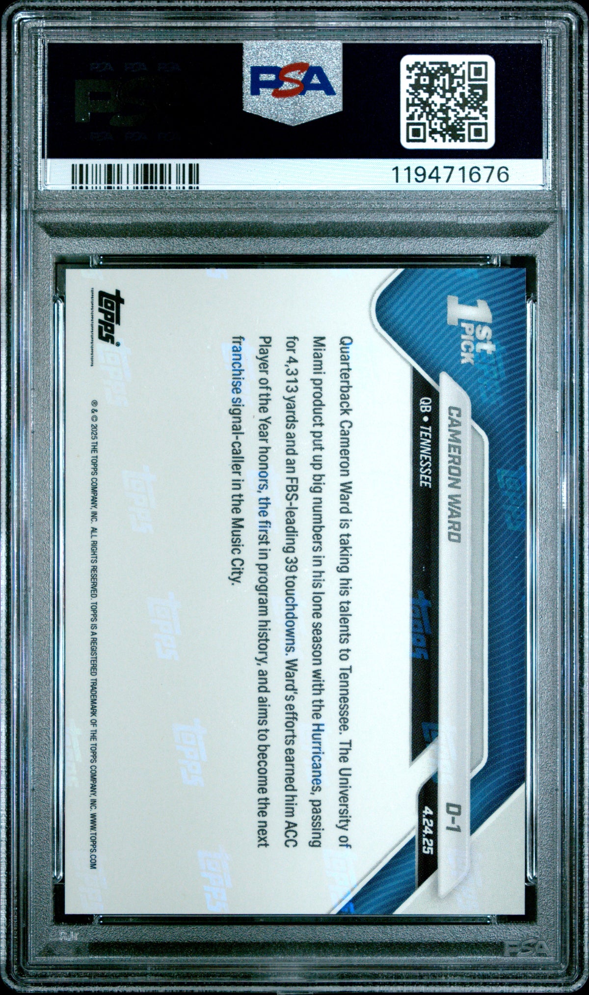 2025 Topps Now #D1 Cameron Ward PSA 10-2