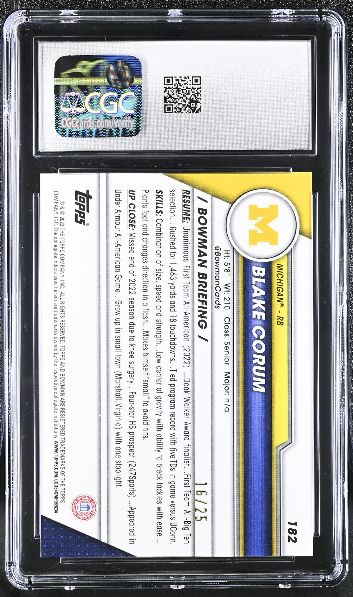 2023 University Sapphire #182 Blake Corum Orange 16/25 CGC 10-2