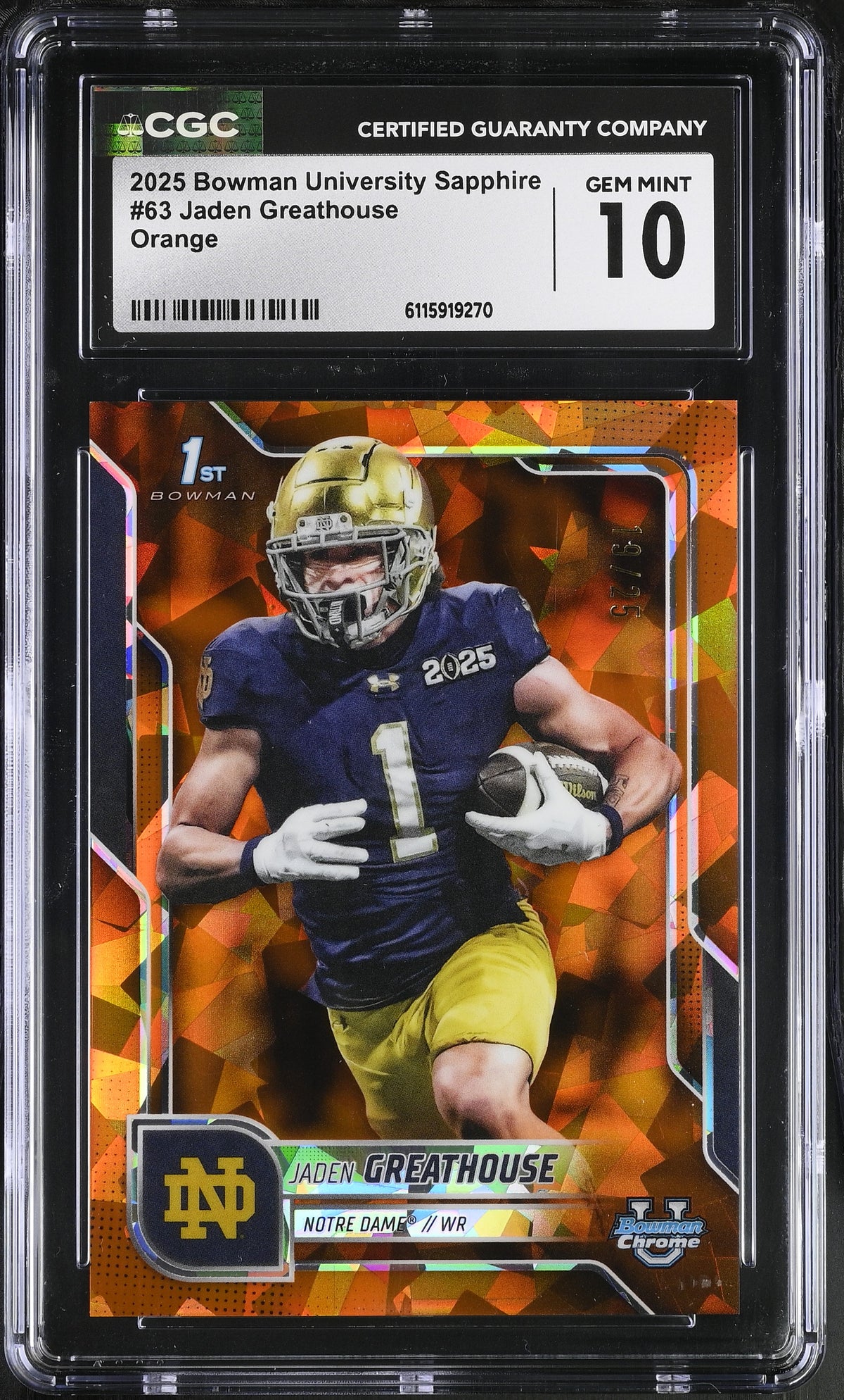 2025 University Sapphire Orange 19/25 #63 Jaden Greathouse CGC 10