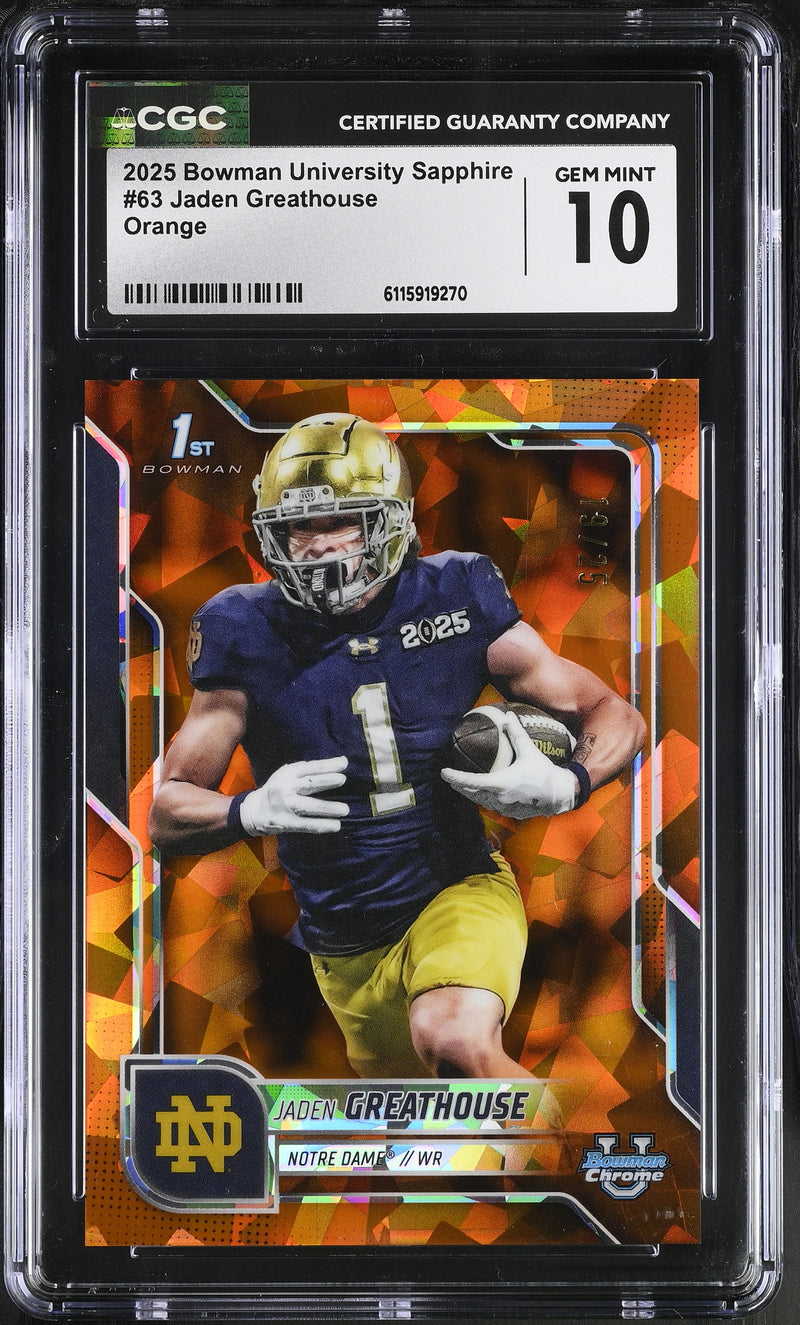 2025 University Sapphire Orange 19/25 #63 Jaden Greathouse CGC 10-1