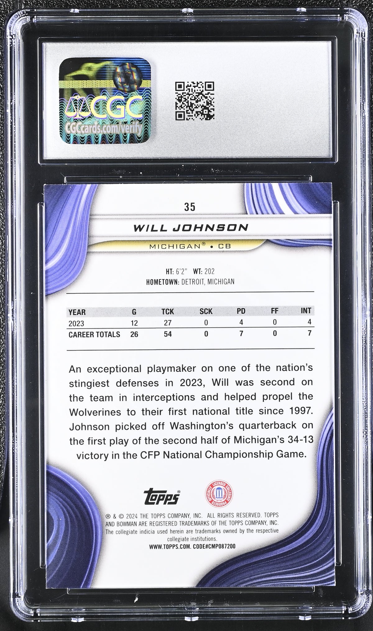 2024 University Best #35 Will Johnson Pink Lava Refractor 94/100 CGC 10
