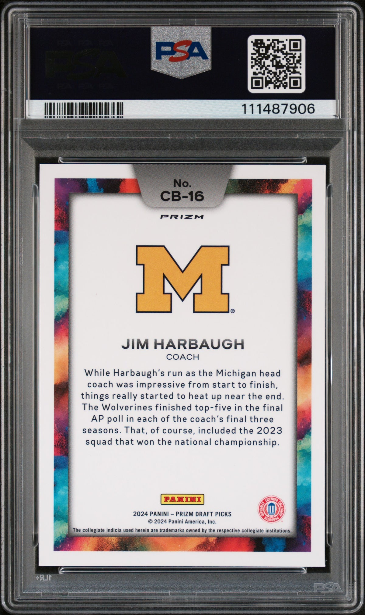 2024 Panini Prizm Draft Picks Black Color Blast #CB16 Jim Harbaugh PSA 10