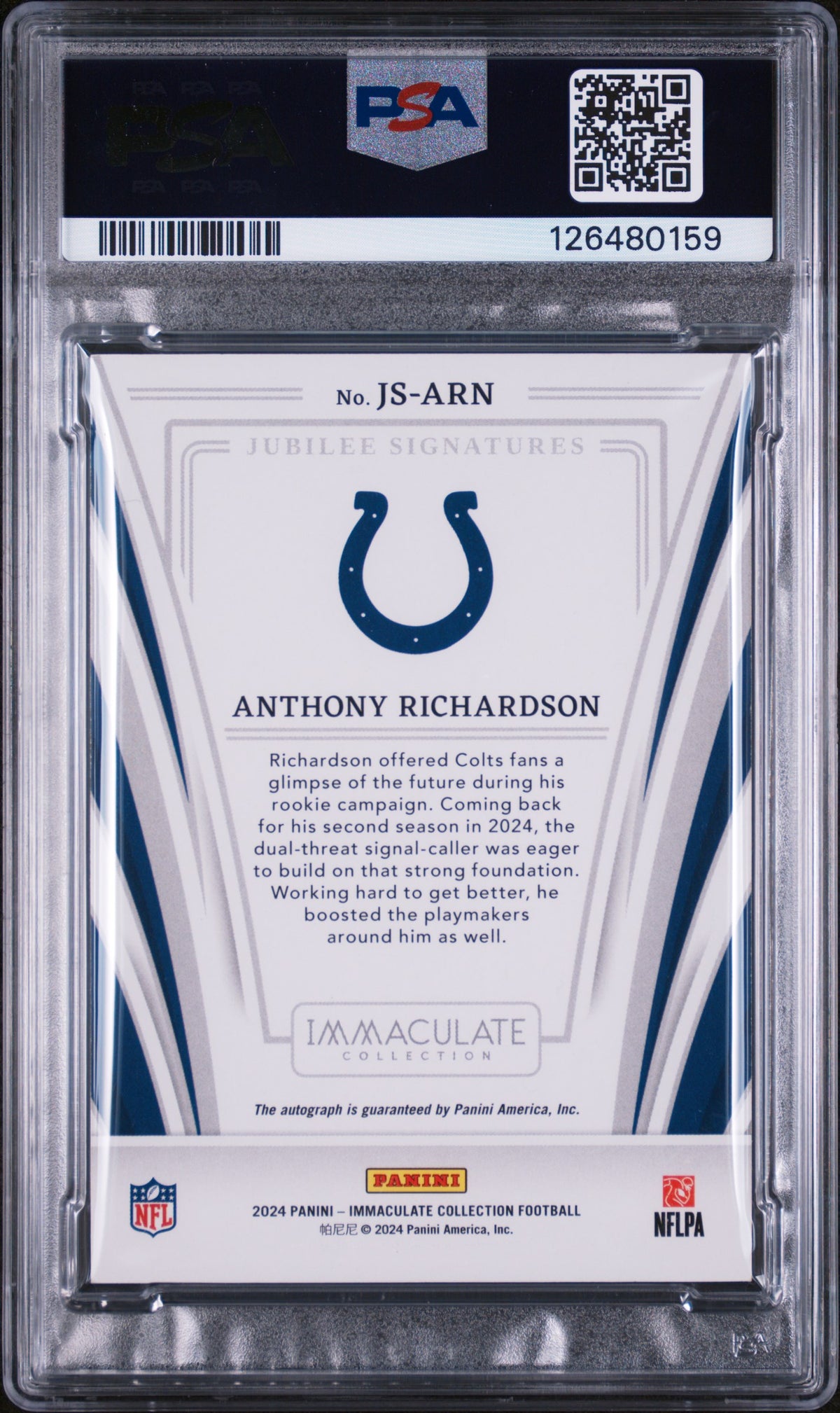 2024 Panini Immaculate Collection Jubilee Signatures 19/49 #JS-ARN Anthony Richardson PSA 9