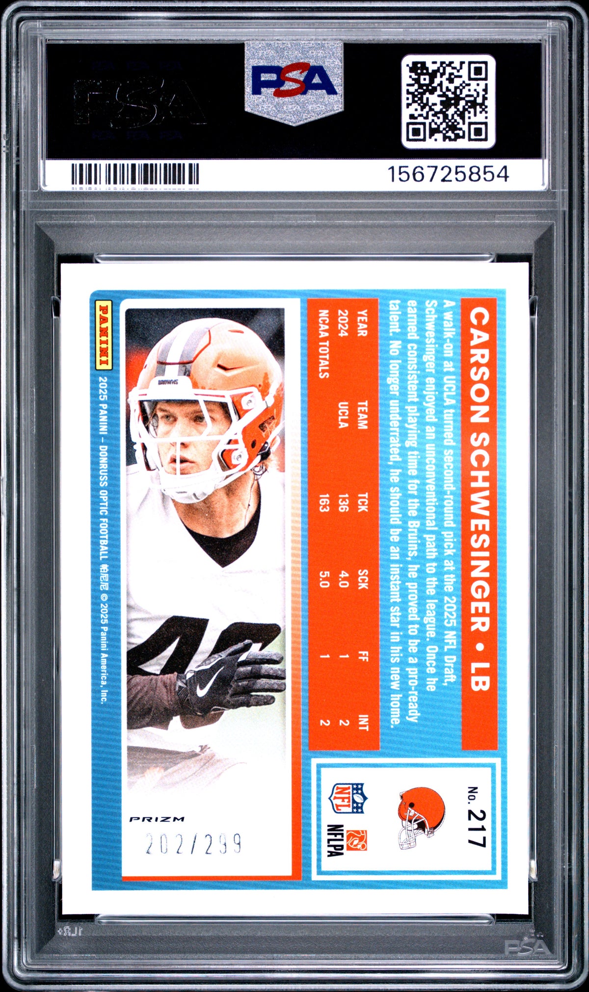 2025 Panini Donruss Optic #217 Carson Schwesinger Orange 202/299 PSA 9