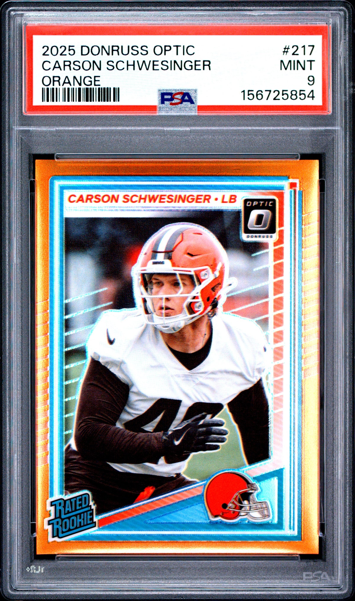 2025 Panini Donruss Optic #217 Carson Schwesinger Orange 202/299 PSA 9