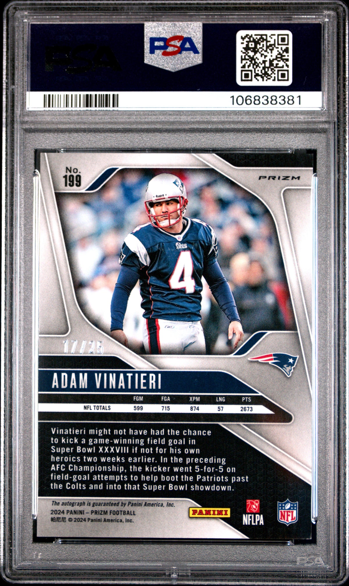 2024 Panini Prizm #199 Adam Vinatieri Autograph-Blue Shimmer 17/25 PSA 9
