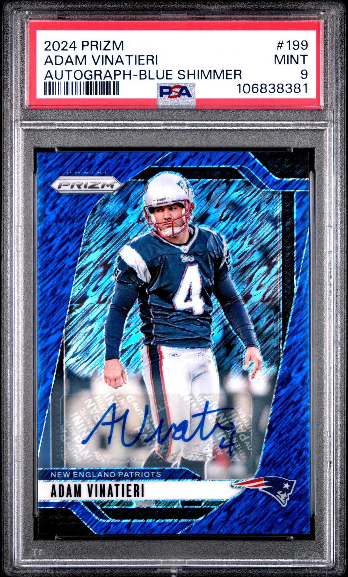 2024 Panini Prizm #199 Adam Vinatieri Autograph-Blue Shimmer 17/25 PSA 9
