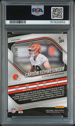 2025 Panini Prizm #384 Carson Schwesinger Gold Choice 9/10 PSA 9-2