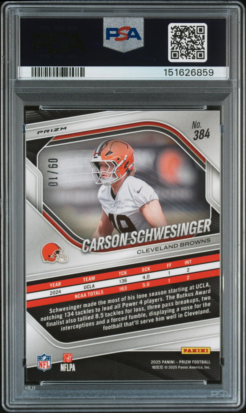2025 Panini Prizm #384 Carson Schwesinger Gold Choice 9/10 PSA 9-2