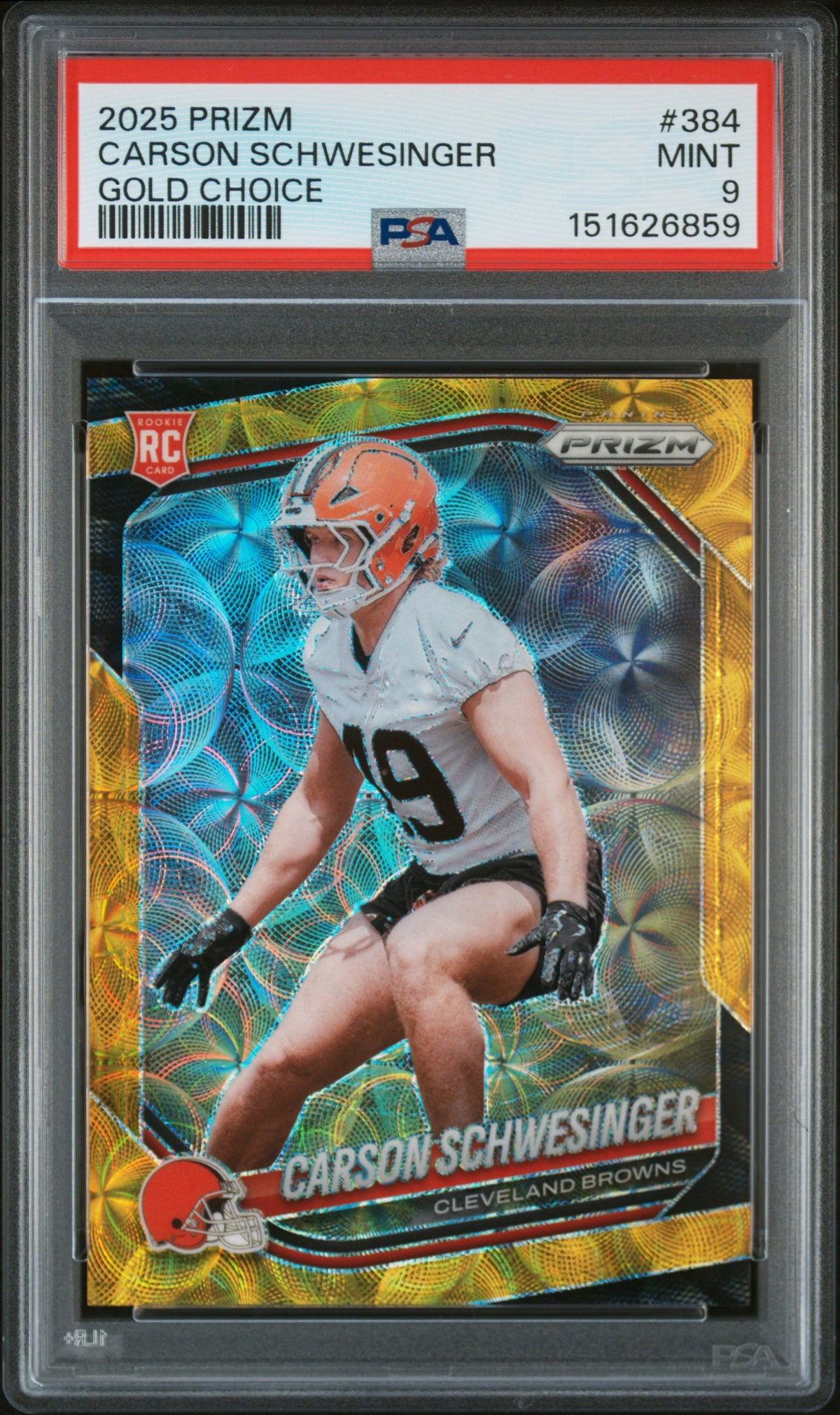 2025 Panini Prizm #384 Carson Schwesinger Gold Choice 9/10 PSA 9-1