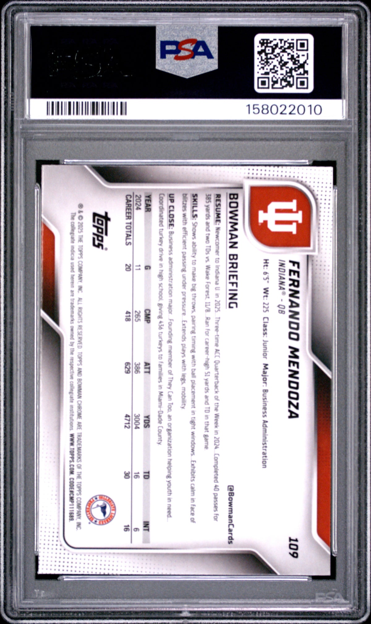 2025 Bowman University Chrome #109 Fernando Mendoza PSA 10