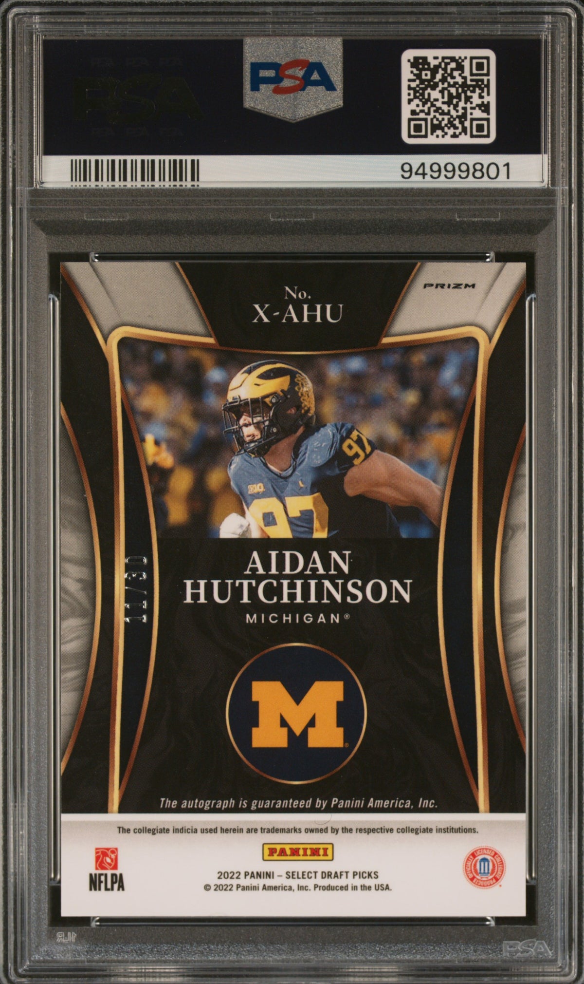 2022 Panini Select Draft Picks X-Factor Signatures #XAHU Aidan Hutchinson X/F Sg-Orange Pulsar Prz. 11/30 PSA 10