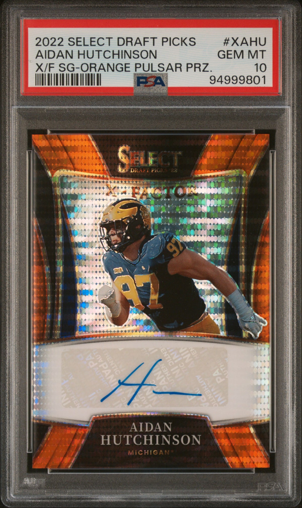 2022 Panini Select Draft Picks X-Factor Signatures #XAHU Aidan Hutchinson X/F Sg-Orange Pulsar Prz. 11/30 PSA 10