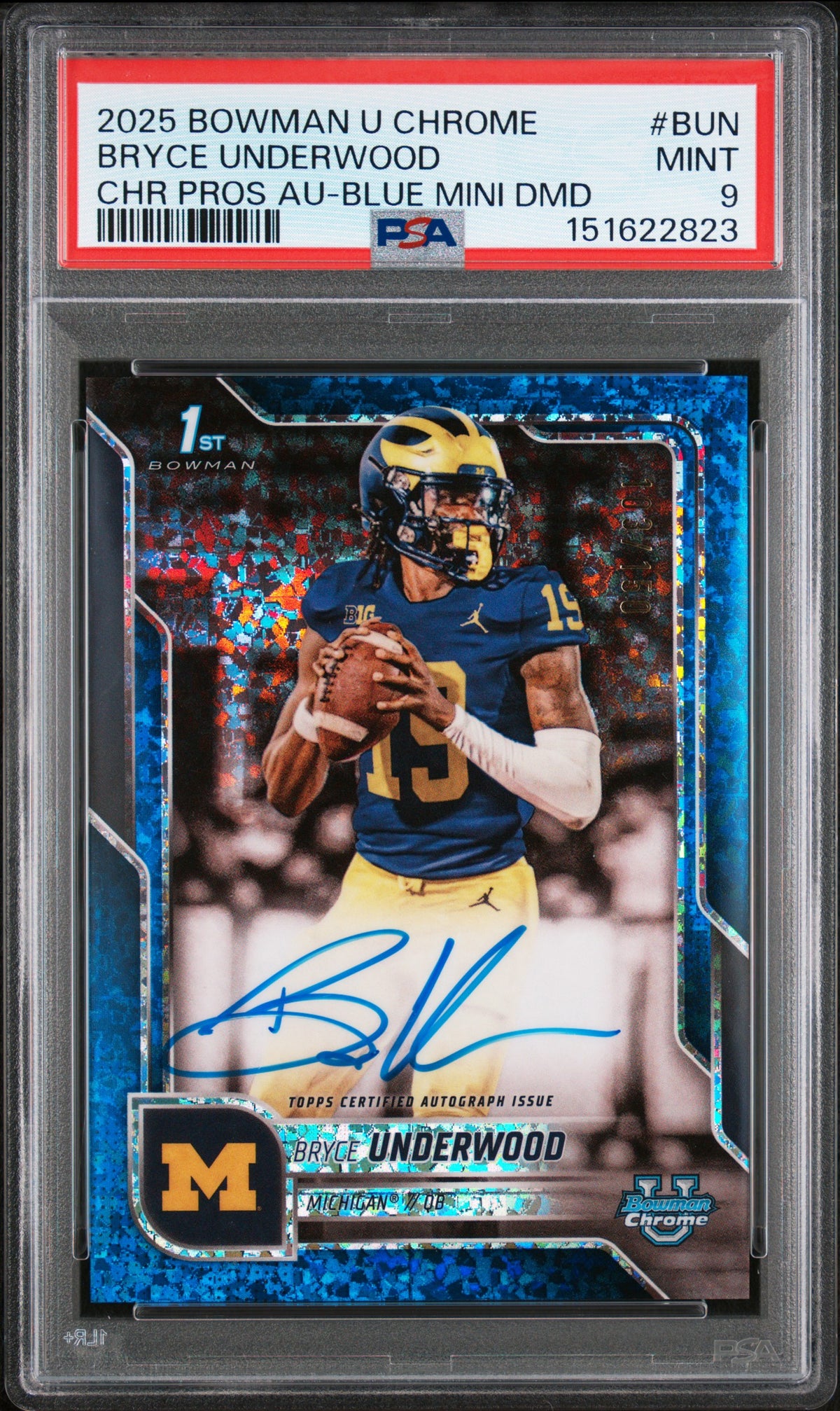 2025 Bowman University Chrome Bowman Chrome Prospect Autographs #BUN Bryce Underwood Chr Pros Au-Blue Mini Dmd 103/150 PSA 9