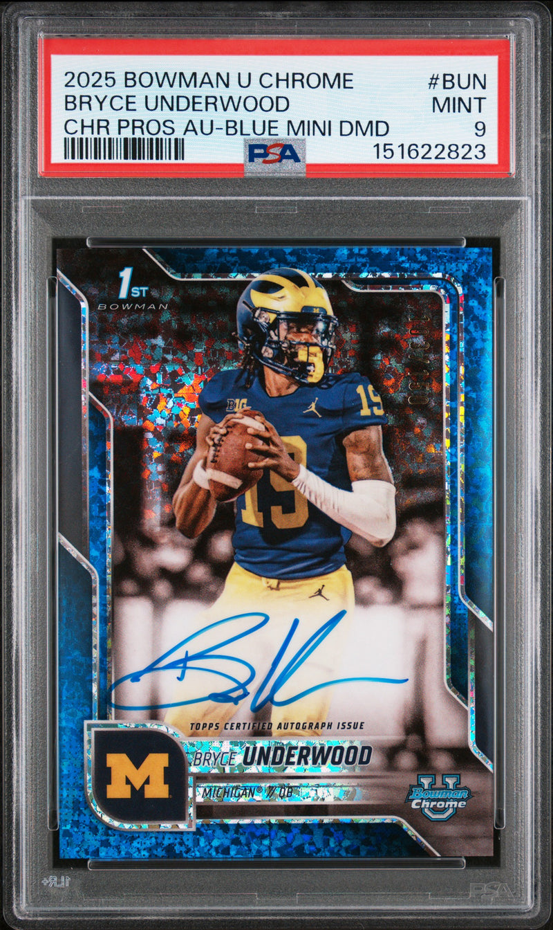 2025 Bowman University Chrome Bowman Chrome Prospect Autographs #BUN Bryce Underwood Chr Pros Au-Blue Mini Dmd 103/150 PSA 9-1