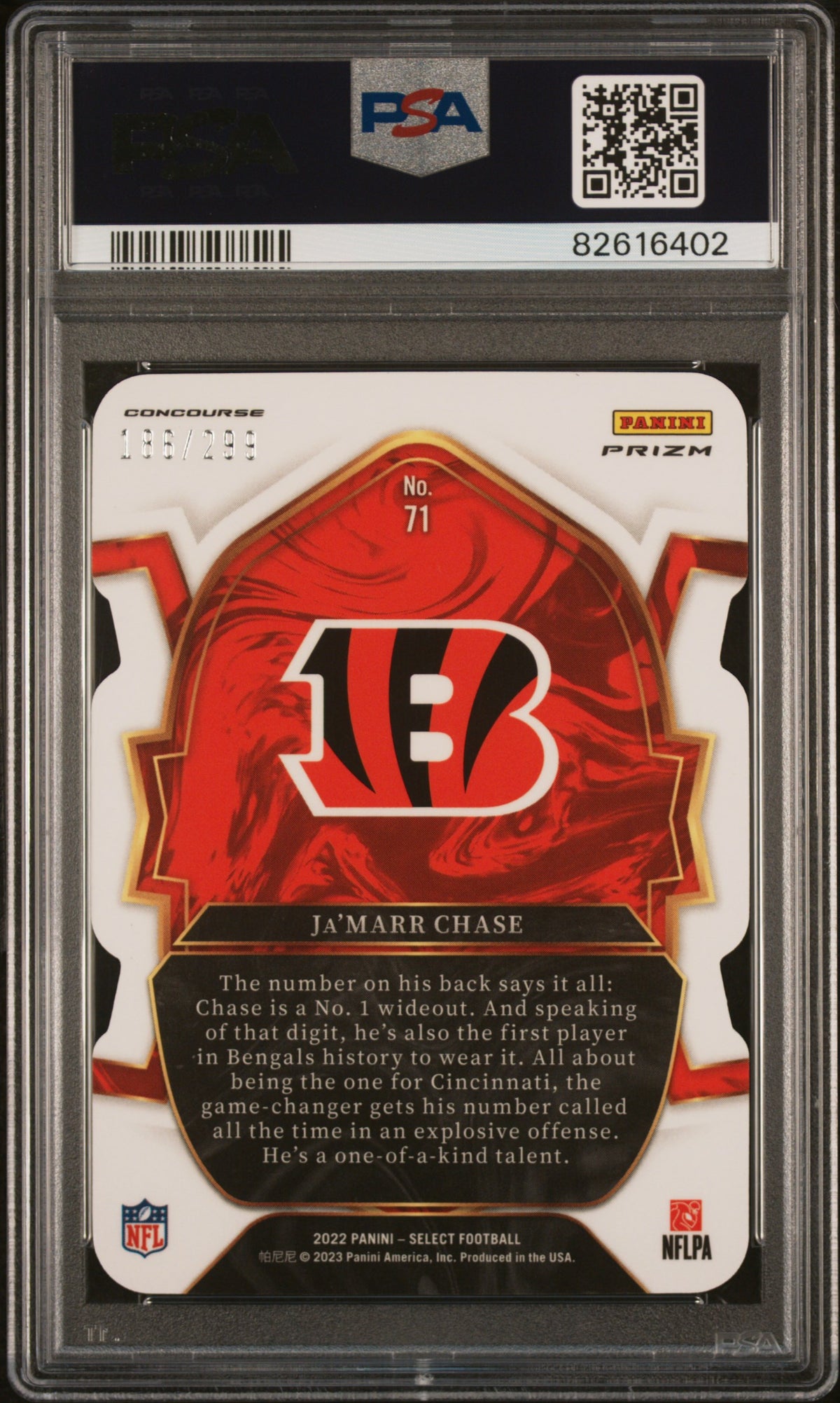 2022 Panini Select #71 Ja'Marr Chase Die-Cut Neon Green Prizm 186/299 PSA 10