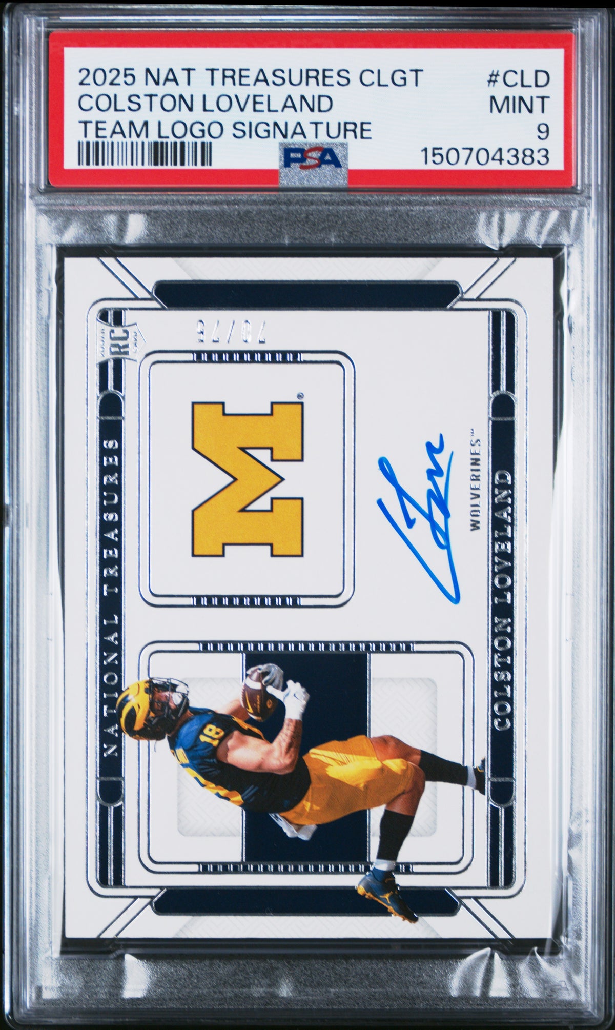 2025 Panini National Treasures Collegiate Team Logo Signature 70/75 #CLD Colston Loveland PSA 9-1