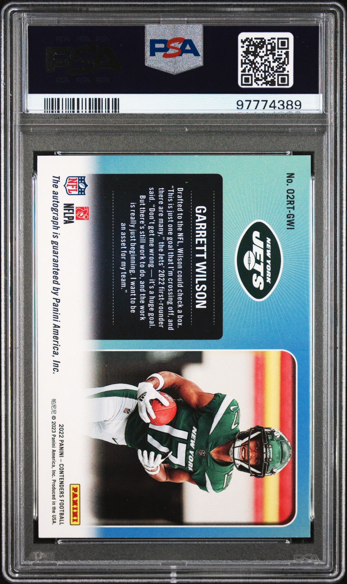 2022 Panini Contenders 2002 Rookie Ticket Rps Jersey # 17/22 #02RTGWI Garrett Wilson 2002 Rookie Ticket Rps PSA 8-2
