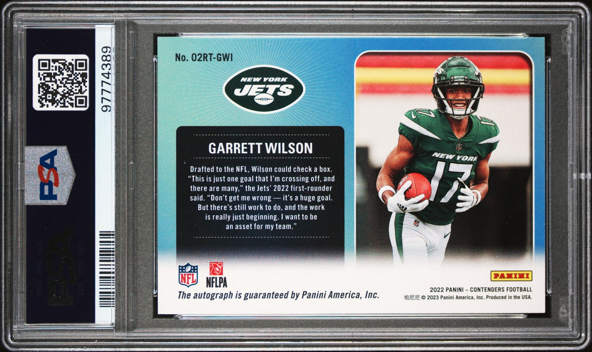 2022 Panini Contenders 2002 Rookie Ticket Rps Jersey # 17/22 #02RTGWI Garrett Wilson 2002 Rookie Ticket Rps PSA 8