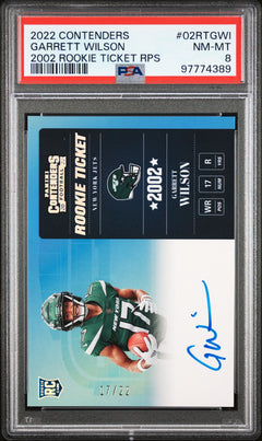 2022 Panini Contenders 2002 Rookie Ticket Rps Jersey # 17/22 #02RTGWI Garrett Wilson 2002 Rookie Ticket Rps PSA 8-1