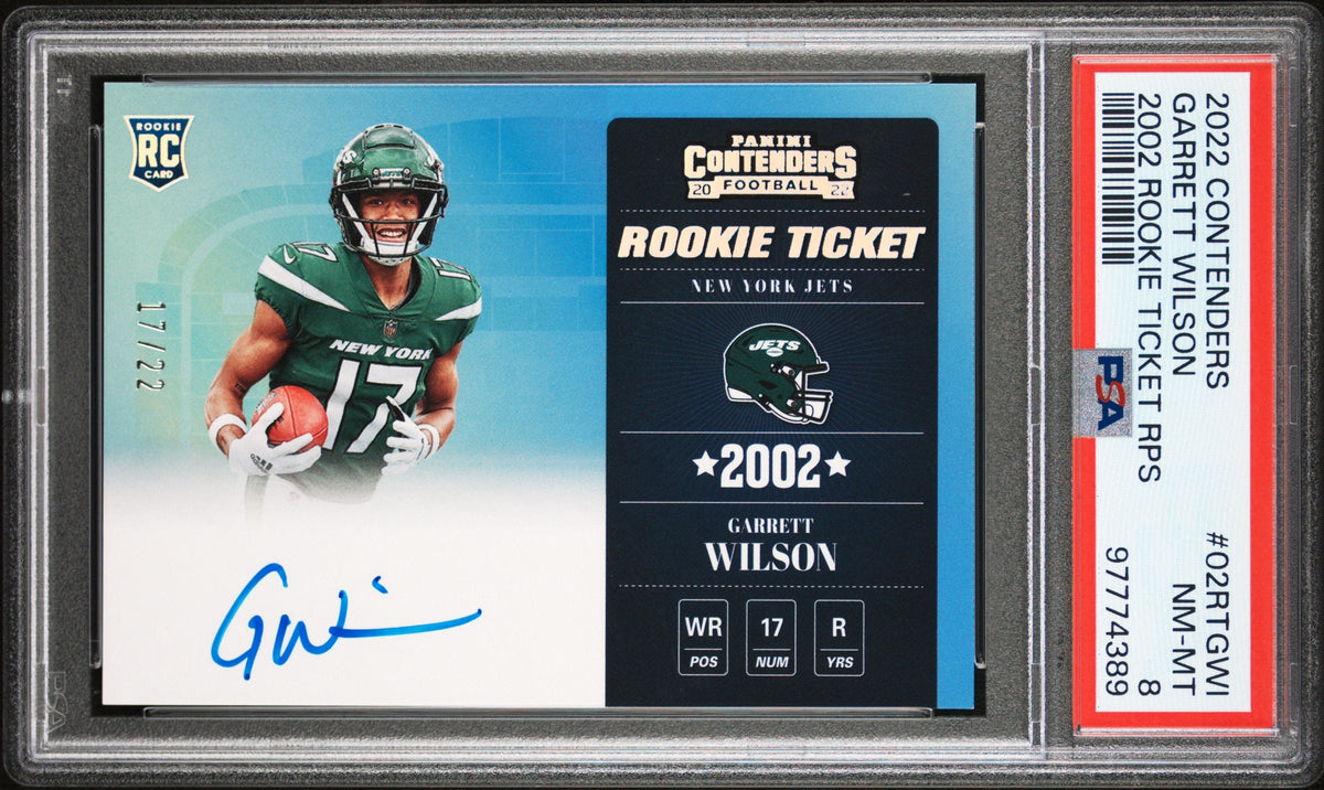 2022 Panini Contenders 2002 Rookie Ticket Rps Jersey # 17/22 #02RTGWI Garrett Wilson 2002 Rookie Ticket Rps PSA 8