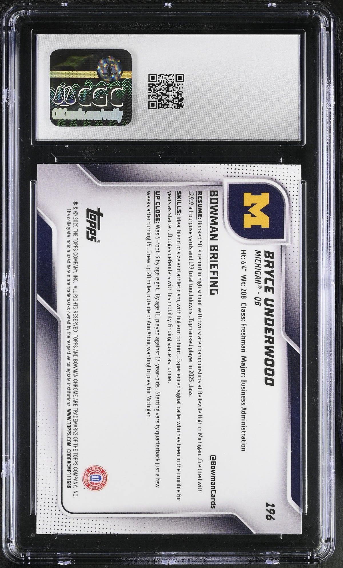 Bryce Underwood Yellow Mini-Diamond Refractor 52/350 2025 University Chrome #196 CGC 10-2