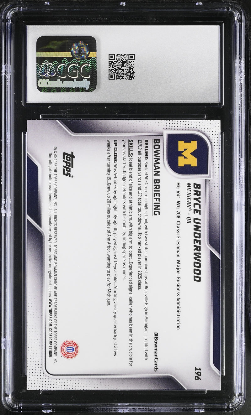 Bryce Underwood Yellow Mini-Diamond Refractor 52/350 2025 University Chrome #196 CGC 10-2
